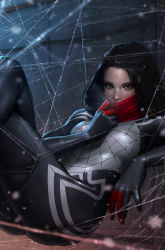 Rule 34 | 1girl, absurdres, asian, black bodysuit, black eyes, black gloves, black hair, bodysuit, cindy moon, comic cover, cover image, gloves, highres, jee-hyung lee, looking at viewer, marvel, official art, realistic, red scarf, scarf, scarf pull, silk (marvel), solo, spider-man (series), spider web print, superhero costume