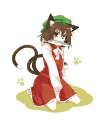 Rule 34 | 1girl, :3, animal ears, brown eyes, brown hair, cat ears, cat girl, cat tail, chen, earrings, female focus, fish, full body, hat, jewelry, kiji (manekinuko-tei), mouth hold, multiple tails, short hair, simple background, solo, tail, touhou