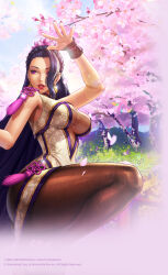Rule 34 | 1girl, bare shoulders, branch, breasts, cherry blossoms, cleavage, falling petals, flower, hair flower, hair ornament, highres, large breasts, leggings, lipstick, long hair, luong, makeup, mole, mole under eye, official art, open mouth, petals, pink flower, purple eyes, purple hair, smile, solo, the king of fighters, the king of fighters all-stars, the king of fighters xiv, the king of fighters xv, tree