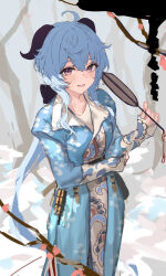 Rule 34 | 1girl, ahoge, blue hair, blue jacket, branch, china dress, chinese clothes, dress, ganyu (genshin impact), genshin impact, hand fan, highres, holding, holding fan, horns, jacket, light blue hair, long hair, long sleeves, open mouth, purple eyes, sheep horns, sketch, smile, solo, temir, yellow dress