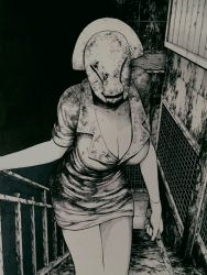 Rule 34 | 1girl, breasts, bubble head nurse, cleavage, commentary request, dress, facing viewer, greyscale, hat, holding, holding knife, horror (theme), itou g-tarou, knife, large breasts, mask, monochrome, nurse, nurse cap, short dress, short sleeves, silent hill, silent hill (series), silent hill 2, solo, stairs, traditional media