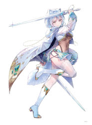 Rule 34 | 1girl, blue hair, boots, breasts, brown eyes, cape, covered navel, dsmile, dual wielding, full body, fur trim, garter straps, gold trim, gradient clothes, high heel boots, high heels, highleg, highleg leotard, highres, holding, holding sword, holding weapon, knee boots, leg up, leotard, long sleeves, looking at viewer, miniskirt, original, page number, pleated skirt, see-through, shiny skin, short hair, simple background, skirt, smile, solo, sword, thighhighs, thighs, weapon, white background