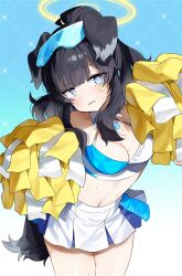 Rule 34 | 1girl, animal ears, black hair, blue archive, blue eyes, blush, breasts, cheerleader, cleavage, dog ears, dog tail, facial mark, goggles, goggles on head, halo, hibiki (blue archive), hibiki (cheer squad) (blue archive), highres, long hair, looking at viewer, medium breasts, midriff, millennium cheerleader outfit (blue archive), navel, pom pom (cheerleading), sioug um2, solo, tail