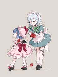 Rule 34 | 2girls, apron, back bow, bat wings, belt, black footwear, black wings, bloomers, blue dress, blue hair, blush, bow, bowtie, braid, brown belt, closed eyes, closed mouth, commentary, dress, footwear bow, frilled apron, frilled dress, frilled hat, frills, from behind, full body, green bow, green bowtie, grey background, hair bow, hat, hat bow, height difference, highres, holding, holding needle, izayoi sakuya, knife, knitting, looking at self, looking back, maid, maid headdress, medium dress, mob cap, multiple girls, needle, notice lines, pink dress, pink headwear, puffy short sleeves, puffy sleeves, red bow, remilia scarlet, ribbon-trimmed headwear, ribbon trim, santa hat, shadow, sheath, sheathed, shoes, short dress, short hair with long locks, short sleeves, simple background, sleeve bow, smile, socks, symbol-only commentary, thigh belt, thigh strap, touhou, twin braids, twitter username, underwear, voal, white apron, white bloomers, white bow, white headwear, white socks, wings, yarn, yarn ball