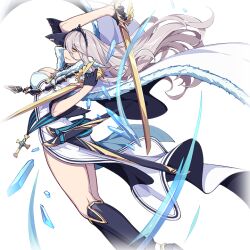 Rule 34 | 1girl, black tiara, breasts, dual wielding, ekaterina (honkai impact), gloves, grey hair, holding, holding sword, holding weapon, honkai (series), honkai impact 3rd, ice, large breasts, long hair, official art, sheath, sword, third-party source, tiara, transparent background, weapon, yellow eyes