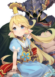 Rule 34 | 1boy, 1girl, abs, blonde hair, blue dress, blue eyes, blush, charlotta (granblue fantasy), commentary request, crown, draph, dress, frilled dress, frills, granblue fantasy, hair between eyes, harvin, helm, helmet, long hair, looking away, mini crown, o (rakkasei), parted lips, pointy ears, puffy short sleeves, puffy sleeves, short sleeves, simple background, vaseraga, very long hair, white background