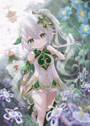 Rule 34 | 1girl, aranara (genshin impact), atelieralice18, bare shoulders, bloomers, bracelet, cape, clenched hand, commentary request, detached sleeves, dress, eyelashes, flower, food, foot out of frame, fruit, gem, genshin impact, gold trim, gradient hair, grass, green cape, green eyes, green gemstone, green hair, green sleeves, hair between eyes, hair ornament, hand up, head tilt, highres, holding, holding food, holding fruit, jewelry, leaf hair ornament, light blush, long hair, looking at viewer, multicolored hair, nahida (genshin impact), pixiv id, pointy ears, sleeveless, sleeveless dress, smile, stirrup legwear, striped hair, sunlight, symbol-shaped pupils, toeless legwear, toes, underwear, very long hair, white bloomers, white dress, white hair
