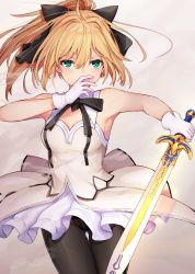 Rule 34 | 1girl, artoria pendragon (all), artoria pendragon (fate), bare shoulders, black bow, black cola, black pantyhose, blonde hair, blush, bow, breasts, caliburn (fate), carnival phantasm, commentary request, covered mouth, cowboy shot, dress, fate/grand order, fate/stay night, fate/unlimited codes, fate (series), gloves, green eyes, hair between eyes, hair bow, high ponytail, highres, holding, holding sword, holding weapon, long hair, looking at viewer, medium breasts, panties, pantyhose, pantyshot, ponytail, saber lily, solo, standing, sword, thigh gap, underwear, weapon, white dress, white gloves