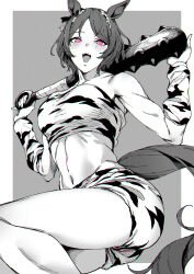 Rule 34 | 1girl, animal ears, animal print, blush, bow, breasts, commentary, ear ribbon, grey background, highres, holding, holding mace, holding weapon, horse ears, horse girl, horse tail, looking at viewer, medium breasts, midriff, monochrome, navel, oni costume, open mouth, pink eyes, sakura laurel (umamusume), short hair, solo, sugarbeat, symbol-only commentary, tail, teeth, thighs, tiger print, two-tone background, umamusume, upper teeth only, weapon, white background