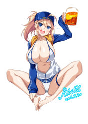 Rule 34 | 1girl, ahoge, alcohol, artoria pendragon (fate), barefoot, beer, beer mug, bikini, blonde hair, blue eyes, blue jacket, breasts, butterfly sitting, commission, cup, dated, fate (series), feet, feet together, foam, full body, hair through headwear, hands on feet, hat, highres, holding, holding cup, hood, hooded jacket, jacket, knees apart feet together, large breasts, legs, long sleeves, looking at viewer, mug, mysterious heroine x (fate), mysterious heroine xx (fate), no shoes, open clothes, open jacket, rantia, simple background, sitting, soles, solo, swimsuit, thigh strap, toes, white background, white bikini, zipper pull tab
