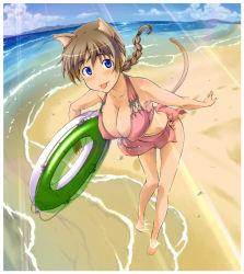 Rule 34 | 00s, 1girl, :p, ahoge, animal ears, bad id, bad pixiv id, barefoot, beach, bikini, blue eyes, blush, braid, breasts, brown hair, cat ears, cat tail, cleavage, day, feet, front-tie top, innertube, large breasts, leaning forward, legs, light rays, lynette bishop, navel, ocean, outdoors, sarong, sashisu, single braid, solo, strike witches, sunbeam, sunlight, swim ring, swimsuit, tail, toes, tongue, tongue out, wading, water, world witches series