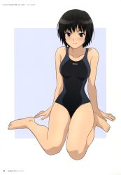 Rule 34 | 1girl, absurdres, amagami, bare shoulders, barefoot, black eyes, black hair, blush, bob cut, competition swimsuit, feet, full body, highres, ishikura keiichi, messy hair, nanasaki ai, non-web source, official art, one-piece swimsuit, scan, short hair, simple background, sitting, smile, solo, swimsuit, wariza