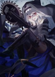 Rule 34 | 1girl, :d, arknights, arm up, black dress, black footwear, boots, breasts, chain, chain necklace, circular saw, commentary request, dress, habit, hand on own cheek, hand on own face, highres, holding, holding weapon, jewelry, ji mag (artist), long hair, long sleeves, looking at viewer, necklace, nun, open mouth, red eyes, saw, silver hair, small breasts, smile, solo, specter (arknights), thigh boots, thigh strap, thighhighs, thighs, very long hair, weapon
