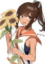 Rule 34 | 1girl, akagi kurage, brown eyes, brown hair, commentary request, flower, highres, holding, holding flower, i-401 (kancolle), kantai collection, long hair, one-hour drawing challenge, open mouth, orange sailor collar, ponytail, sailor collar, simple background, sketch, solo, sunflower, swimsuit, swimsuit under clothes, twitter username, white background