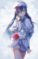Rule 34 | 10s, 1girl, black hair, bow, capelet, fur trim, tucking hair, hat, headset, imi fumei, long hair, love live!, love live! school idol project, microphone, parted lips, pom pom (clothes), shorts, smile, snow halation, solo, sonoda umi, yellow eyes