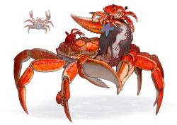 Rule 34 | 1girl, breasts, claws, colored skin, crab, flower, grey skin, hair flower, hair ornament, highres, ippatu, long hair, monster girl, original, red eyes, simple background, small breasts, twitter username, white background