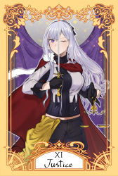 Rule 34 | 1girl, absurdres, ak-12 (girls&#039; frontline), black gloves, black pants, breasts, cape, cloak, english text, fur cape, girls&#039; frontline, gloves, hair ornament, hair ribbon, hand on weapon, highres, justice (tarot), long hair, looking at viewer, military, military uniform, one eye closed, pants, purple eyes, rapier, red cape, ribbon, silver hair, simple background, smile, solo, stigmamyu, sword, tarot, tarot (medium), uniform, weapon, weighing scale
