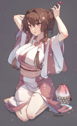 1girl absurdres alternate_costume arm_behind_head arms_up breasts cherry_blossoms flower grey_background hair_between_eyes hair_bun hair_flower hair_intakes hair_ornament hairpin highres himeyamato japanese_clothes kantai_collection kimono large_breasts obi pink_kimono sash sidelocks solo striped_clothes striped_kimono two-tone_kimono vertical-striped_clothes vertical-striped_kimono white_kimono wide_sleeves yamato_(kancolle)