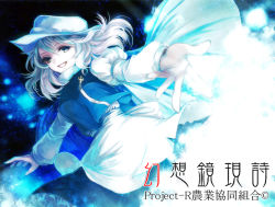 Rule 34 | 1girl, apron, aqua eyes, awa toka, bad id, bad pixiv id, female focus, hat, juliet sleeves, letty whiterock, long hair, long sleeves, looking at viewer, open mouth, outstretched arm, outstretched hand, puffy sleeves, shawl, shirt, silver hair, smile, solo, touhou, vest, waist apron