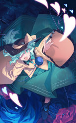 Rule 34 | 1girl, :d, ankle boots, bad id, bad pixiv id, black footwear, black hat, blue flower, blue rose, boots, colored eyelashes, eyeball, flower, frilled sleeves, frills, green eyes, green hair, green skirt, hair over one eye, hat, hat ribbon, heart, heart of string, highres, komeiji koishi, long sleeves, looking at viewer, open mouth, outstretched arm, outstretched hand, red flower, red rose, ribbon, rose, shichigatsu, shirt, skirt, skirt set, smile, solo, third eye, touhou, wide sleeves, yellow ribbon, yellow shirt