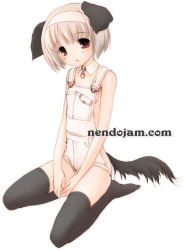 Rule 34 | 1girl, animal ears, black thighhighs, blush, bob cut, breasts, choker, dog ears, dog tail, feet, flat chest, hairband, kneeling, lugosi ela, naked overalls, open mouth, original, overalls, red eyes, short hair, sideboob, silver hair, small breasts, socks, solo, tail, thighhighs, zettai ryouiki