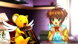 Rule 34 | 1990s (style), 1girl, angel wings, angry, apron, blush, brown hair, candy, cardcaptor sakura, child, chocolate, chocolate bar, closed eyes, eating, food, green eyes, indoors, kero (cardcaptor sakura), kinomoto sakura, kitchen, kodansha, mutsuki (moonknives), non-web source, open mouth, retro artstyle, short hair, solo, window, wings