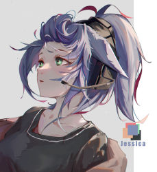Rule 34 | 1girl, arknights, artist name, black choker, black shirt, blush, chinese commentary, choker, collarbone, commentary request, ear protection, facing to the side, green eyes, grey jacket, hair flaps, headset, high ponytail, highres, jacket, jessica (arknights), looking away, multicolored hair, open clothes, open jacket, open mouth, pink hair, ponytail, purple hair, shirt, solo, tkkz, two-tone hair, upper body