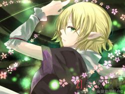 Rule 34 | 1girl, arm up, arm warmers, bad id, bad pixiv id, blonde hair, danmaku, female focus, flower, gradient background, green eyes, mizuhashi parsee, pointy ears, profile, scarf, short hair, solo, spell card, touhou, ume (plumblossom), upper body