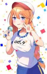Rule 34 | 1girl, absurdres, bloomers, blue eyes, blush, braid, breasts, commentary request, hair between eyes, hat, highres, looking at viewer, microphone, open mouth, orange hair, princess connect!, shirt, underwear, v, white hat, white shirt, ya.yu., yuni (princess connect!), yuni (school festival) (princess connect!)