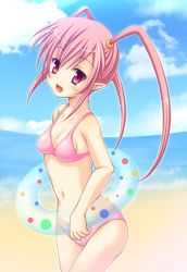 Rule 34 | 00s, 1girl, beach, bikini, breasts, cleavage, cloud, collarbone, day, dungeon and fighter, fang, hair ornament, innertube, mage (dungeon and fighter), miu (c blue), navel, open mouth, outdoors, pink bikini, pink hair, pointy ears, red eyes, see-through, sideboob, small breasts, solo, swim ring, swimsuit, twintails