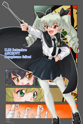 Rule 34 | 10s, 3girls, :d, anchovy (girls und panzer), anzio (emblem), anzio school uniform, arm behind back, artist name, belt, black belt, black cape, black footwear, black hair, black neckwear, black ribbon, black skirt, blonde hair, braid, brown eyes, cape, carpaccio (girls und panzer), character name, commentary, dated, dress shirt, drill hair, emblem, full body, girls und panzer, green eyes, green hair, hair ribbon, hand on own hip, highres, holding, holding riding crop, italian text, leaning to the side, loafers, long hair, long sleeves, looking to the side, matsui yasutsugu, miniskirt, multiple girls, necktie, open mouth, outside border, pantyhose, pepperoni (girls und panzer), pleated skirt, raised fist, red eyes, ribbon, riding crop, school uniform, shirt, shoes, side braid, signature, skirt, smile, standing, translation request, twin drills, twintails, white legwear, white shirt