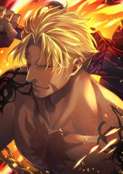 Rule 34 | 1boy, aion kiu, beowulf (fate), blonde hair, dark-skinned male, dark skin, embers, facial hair, facial scar, fate/grand order, fate (series), fire, goatee, large pectorals, looking at viewer, male focus, muscular, nipples, over shoulder, parted bangs, pectorals, red eyes, scar, scar on cheek, scar on chest, scar on face, short hair, shoulder tattoo, smile, solo, tattoo, topless male, upper body, weapon, weapon over shoulder