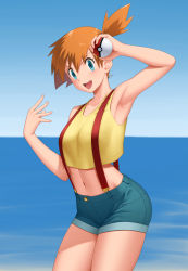 Rule 34 | 1girl, absurdres, armpits, bare shoulders, blue eyes, blue shorts, blue sky, blush, breasts, collarbone, creatures (company), crop top, denim, denim shorts, game freak, gonoike biwa, highres, holding, holding poke ball, long hair, medium breasts, midriff, misty (pokemon), navel, nintendo, ocean, open mouth, orange hair, poke ball, poke ball (basic), pokemon, pokemon (anime), pokemon (classic anime), short shorts, shorts, side ponytail, sky, smile, solo, suspender shorts, suspenders, tank top, thighs, yellow tank top