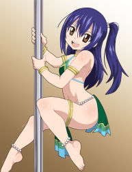 Rule 34 | 1girl, absurdres, ankle, anklet, barefoot, blue hair, brown eyes, commission, commissioner upload, dancer, dmayaichi, fairy tail, feet, female focus, flat chest, harem outfit, herchi, highres, jewelry, long hair, looking at viewer, open mouth, pole, pole dancing, solo, stripper pole, toes, wendy marvell