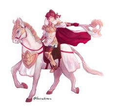 Rule 34 | anna (fire emblem), armor, axe, breastplate, fire emblem, fire emblem heroes, gloves, greaves, holding, holding axe, holding weapon, horse, horseback riding, nintendo, ponytail, red eyes, red hair, riding, scale armor, simple background, smile, thighhighs, weapon, white background