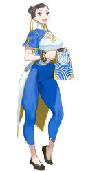 Rule 34 | 1girl, blue pants, bracelet, brown eyes, brown hair, capcom, china dress, chinese clothes, chun-li, cleavage cutout, clothes lift, clothing cutout, collared dress, conto, double bun, dress, eyeliner, flats, full body, hair bun, hair pulled back, happy, highres, jewelry, makeup, multicolored clothes, multicolored dress, pants, pelvic curtain, pelvic curtain lift, short sleeves, smile, solo, standing, street fighter, street fighter 6, thick thighs, thighs, white background