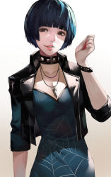 Rule 34 | 1girl, arm at side, black hair, black jacket, blazpu, blunt bangs, bob cut, breasts, choker, cleavage, collarbone, cowboy shot, dress, gradient background, grey background, hand up, highres, jacket, jewelry, looking at viewer, medium breasts, nail polish, necklace, parted lips, persona, persona 5, red eyes, red nails, short hair, sleeves past elbows, smile, solo, standing, takemi tae, teeth