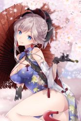 Rule 34 | 1girl, akatsuki hijiri, ass, asymmetrical gloves, asymmetrical hair, black gloves, blue eyes, cherry blossoms, commentary request, detached sleeves, dress, earrings, fate/grand order, fate (series), flower, gloves, hair ornament, high heels, jewelry, kneeling, leaf earrings, leaf print, maple leaf print, miyamoto musashi (fate), oil-paper umbrella, pink hair, smoking pipe, purple dress, solo, tongue, tongue out, umbrella, uneven gloves