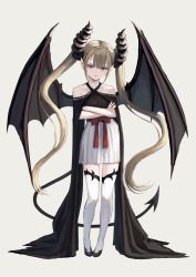 Rule 34 | 1girl, bare shoulders, beige background, black footwear, blonde hair, bow, closed mouth, collarbone, crossed arms, demon girl, demon horns, demon tail, demon wings, fagi (kakikaki), horns, long hair, looking at viewer, original, pointy ears, purple eyes, red bow, simple background, solo, standing, tail, thighhighs, twintails, very long hair, white thighhighs, wings