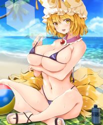 Rule 34 | 1girl, :d, adjusting clothes, adjusting swimsuit, animal ears, animal hat, ball, beach, beachball, bikini, blonde hair, blush, breasts, crossed legs, day, fox ears, fox tail, fujiko (emnprmn), hair between eyes, hat, highres, large breasts, lens flare, looking at viewer, lotion, micro bikini, mob cap, multiple tails, navel, ocean, open mouth, outdoors, palm tree, mob cap, sandals, short hair, sitting, skindentation, smile, solo, sparkle, sunscreen, sweat, swimsuit, tail, toenails, toes, touhou, tree, yakumo ran, yellow eyes, yellow tail
