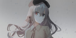 Rule 34 | 1girl, beret, black hat, black ribbon, blue eyes, chihuri, collared shirt, dress shirt, eve (chihuri), floating hair, grey background, hair between eyes, hair ribbon, hat, heterochromia, highres, looking at viewer, looking to the side, neck ribbon, original, parted lips, red eyes, red pupils, ribbon, shirt, silver hair, snowing, solo, upper body, white shirt, wing collar
