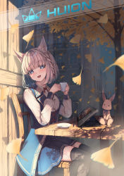 Rule 34 | 1girl, :d, amane utata, animal ears, artist name, black thighhighs, blue coat, blue eyes, blue skirt, blunt bangs, blush, braid, building, chair, coat, collared shirt, commentary request, corset, cup, drawing tablet, falling leaves, feet out of frame, hair ribbon, hands up, head tilt, highres, holding, holding cup, huion, leaf, long sleeves, looking at viewer, looking to the side, making-of available, mug, neck ribbon, open mouth, original, outdoors, pleated skirt, puffy long sleeves, puffy sleeves, rabbit, red ribbon, ribbon, ribbon braid, saucer, shirt, short hair, sitting, skirt, sleeve cuffs, sleeveless, sleeveless coat, smile, solo, stylus, table, teaspoon, thighhighs, tree, twitter username, white shirt