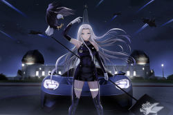 Rule 34 | 1girl, absurdres, aircraft, airplane, alternate costume, azur lane, bald eagle, bird, building, car, dress, eagle, eagle union (emblem), elbow gloves, fighter jet, ford, ford gt, gloves, grey hair, griffith park observatory, grim (azur lane), highres, holding, holding sign, jet, kcar66t, long hair, looking at viewer, los angeles, military, military vehicle, motor vehicle, night, product placement, race queen, real world location, sign, sky, sports car, star (sky), starry sky, thigh strap, two-tone gloves, yorktown (azur lane)