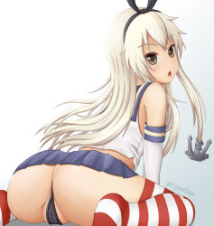 Rule 34 | 10s, 1girl, anchor hair ornament, ass, bare shoulders, blush, elbow gloves, from behind, gloves, gradient background, green eyes, hair ornament, hair ribbon, hairband, highres, kantai collection, long hair, looking back, miniskirt, ogoro, open mouth, panties, partially visible vulva, platinum blonde hair, ribbon, shimakaze (kancolle), shiny skin, sitting, skirt, solo, striped clothes, striped thighhighs, thighhighs, thong, underwear, wariza