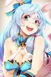 Rule 34 | 1girl, :d, absurdres, animal ears, arifureta shokugyou de sekai saikyou, blue bow, blue eyes, blue hair, bow, breast press, breasts, cleavage, crop top, hair between eyes, hair bow, highres, large breasts, long hair, looking at viewer, lying, on stomach, open mouth, psyto qy2, rabbit ears, rabbit girl, shea haulia, smile, solo, very long hair