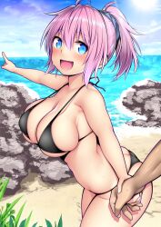 Rule 34 | 1boy, 1girl, absurdres, aoba (kancolle), ass, beach, bikini, black bikini, blue eyes, blush, breasts, cleavage, cloud, commentary request, day, hair between eyes, hair ornament, hair scrunchie, hetero, highres, holding hands, kantai collection, kuromayu, large breasts, ocean, open mouth, outdoors, pink hair, pointing, ponytail, scrunchie, skindentation, sky, sweat, swimsuit