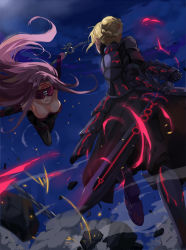 Rule 34 | 2girls, armor, artoria pendragon (all), artoria pendragon (fate), battle, blonde hair, breasts, chain, dark persona, dress, excalibur morgan (fate), fate/stay night, fate (series), fighting stance, long hair, looking at another, medusa (fate), medusa (rider) (fate), multiple girls, purple hair, saber (fate), saber alter, spoilers, sword, type-moon, very long hair, weapon, werkbau