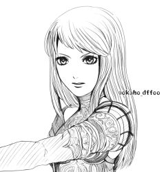 Rule 34 | 1girl, acriela v adoulin, akaho (choco daisuki), commentary request, dissidia final fantasy, dissidia final fantasy opera omnia, final fantasy, final fantasy xi, greyscale, hume, long hair, monochrome, parted lips, simple background, solo, swept bangs, twitter username, white background