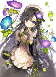 Rule 34 | 1girl, apron, black hair, black kimono, blue flower, blush, character request, closed mouth, commentary request, commission, cup, flower, frilled apron, frills, fuepo, gloves, green tea, grey gloves, hair flower, hair ornament, hands up, highres, japanese clothes, kimono, long hair, long sleeves, maid, morning glory, purple eyes, purple flower, sengoku bushouki muramasa, simple background, skeb commission, smile, solo, tea, very long hair, wa maid, white apron, white background, wide sleeves