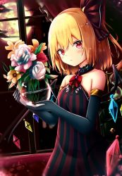 Rule 34 | 1girl, alternate costume, bad id, bad twitter id, bare shoulders, black collar, black gloves, blonde hair, blush, bow, breasts, brooch, cloud, collar, collarbone, commentary request, cowboy shot, crystal, curtains, dress, elbow gloves, eyeshadow, flandre scarlet, flower, frilled collar, frills, full moon, glass, gloves, hair between eyes, hair ribbon, halterneck, head tilt, holding, hourglass, indoors, jewelry, leaf, looking at viewer, makeup, moon, no headwear, one side up, orange flower, pink flower, red bow, red eyes, red flower, red neckwear, red ribbon, red rose, renka (cloudsaikou), ribbon, rose, short hair, small breasts, solo, striped clothes, striped dress, touhou, vase, vertical-striped clothes, vertical-striped dress, white flower, white rose, wings, yellow flower